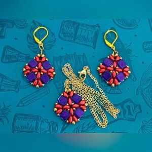 Handmade Purple & Red Gold Czech Glass Bead Necklace & Earrings Set